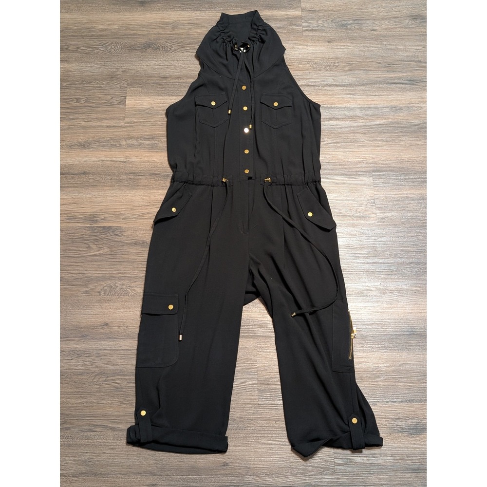 Cache Black Sleeveless Cargo Jumpsuit‎ Gold Snap Button High Neck Cropped Large